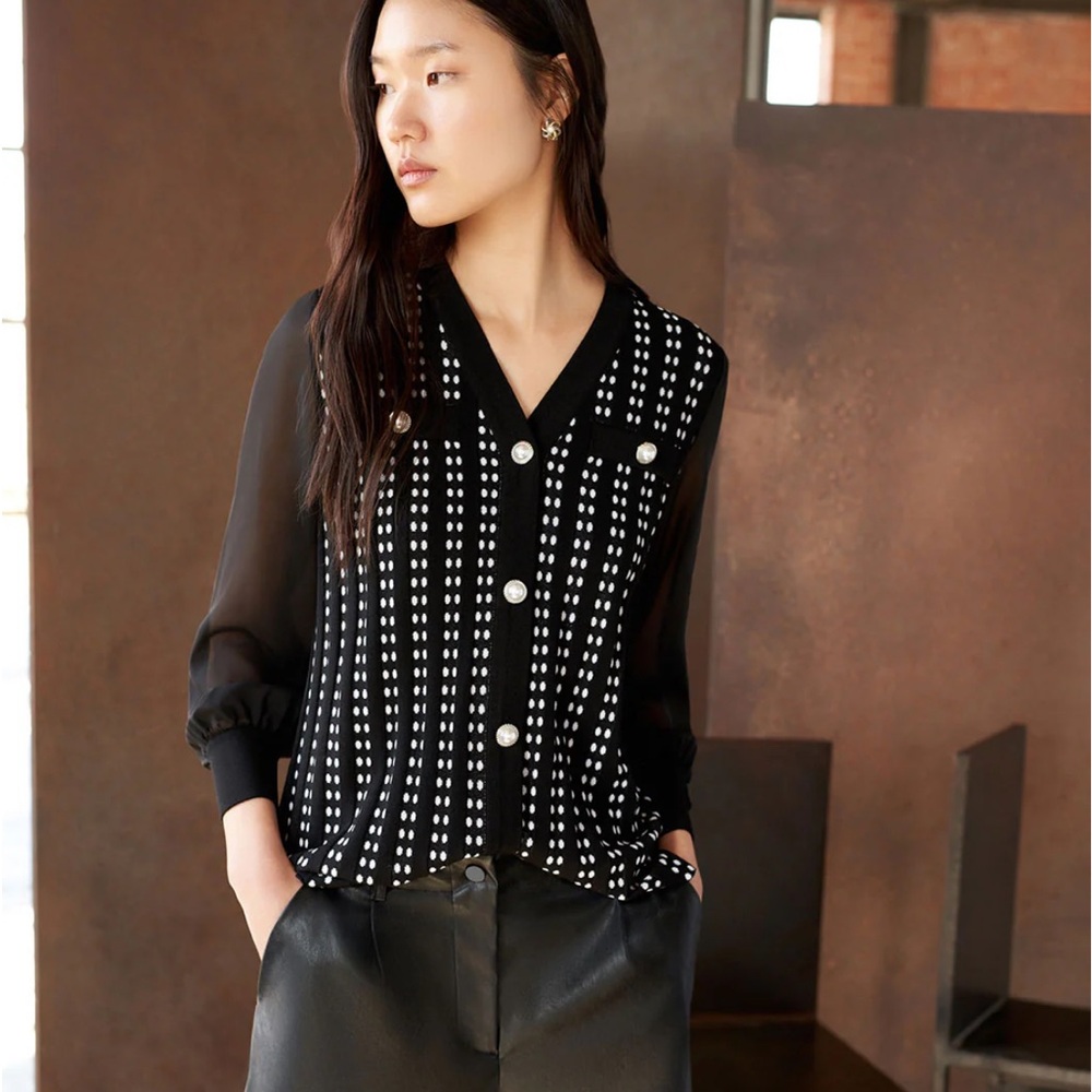 Ming Wang chiffon tweed mixed media blouse black white size medium